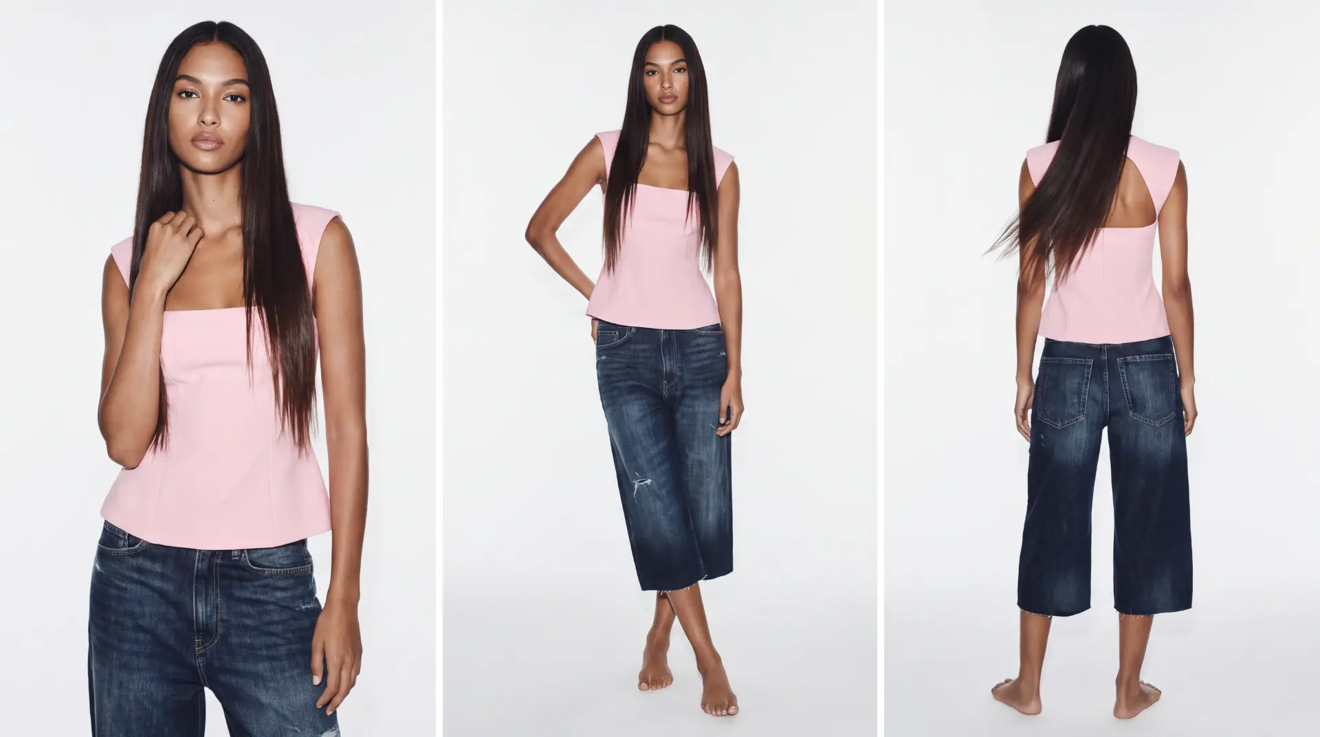 ZARA — THREE-UP FULL LOOK, PINK TOP AND CROPPED DENIM