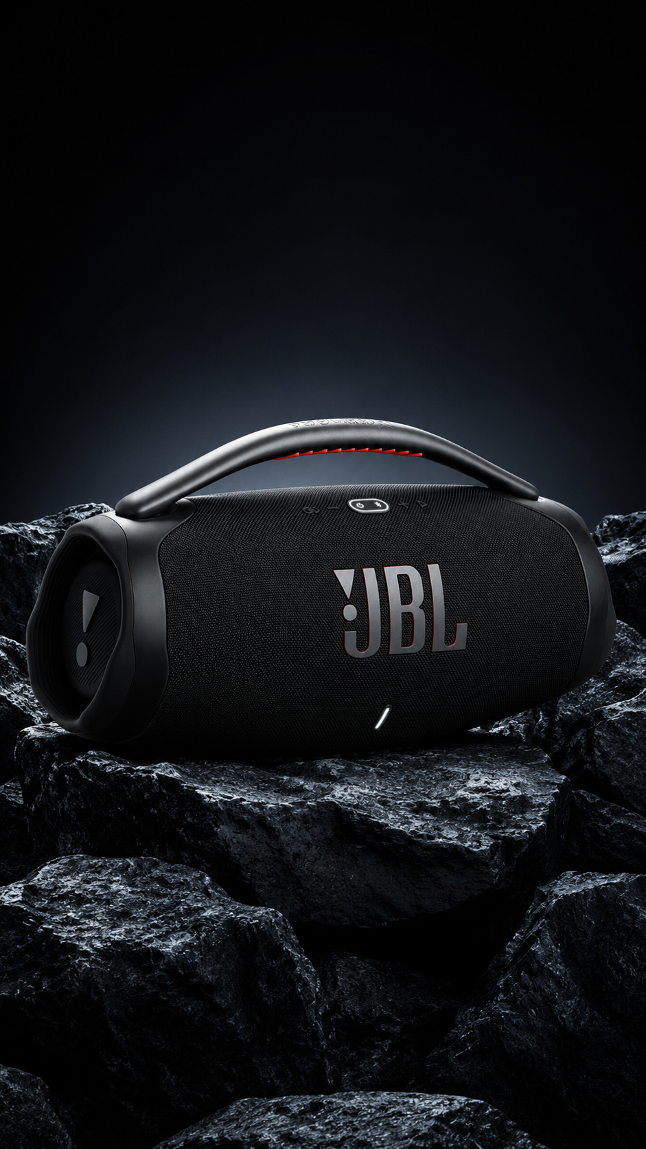 JBL BOOMBOX 3 — PRODUCT HERO ON BLACK ROCK