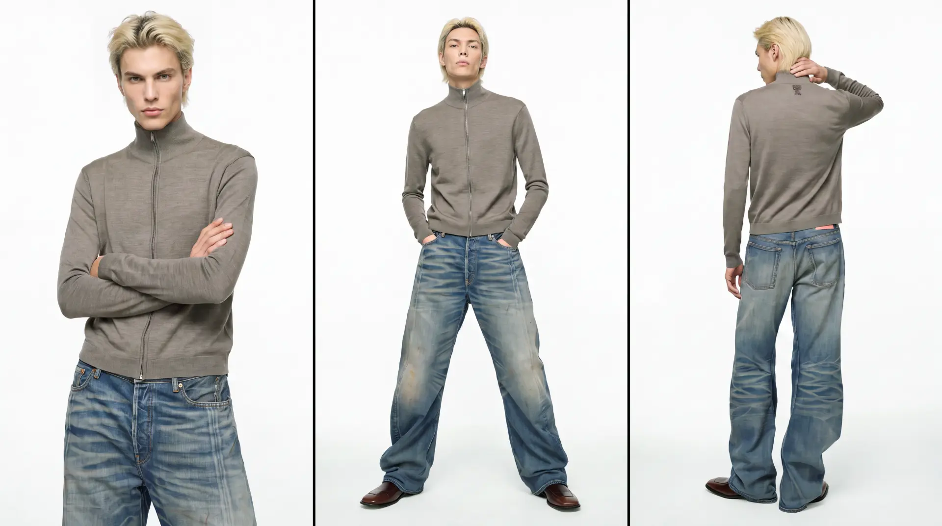 ACNE STUDIOS — THREE-UP FULL LOOK, ZIP KNIT AND DENIM